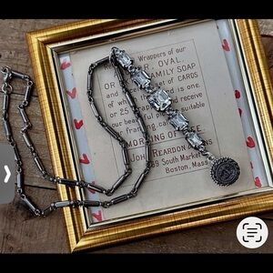 Upcycle Silver Chain Necklace with Clear Gemstones and CC Button